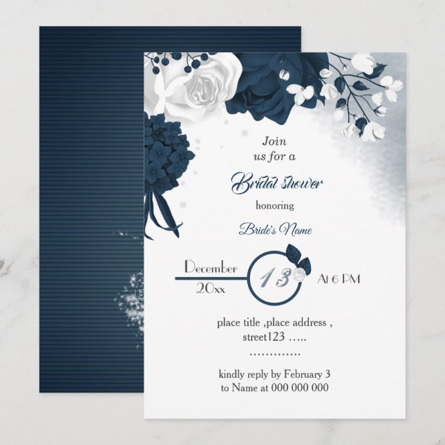 Invitación elegante ducha de novia con flores marinas y blanc (Anverso / Reverso)