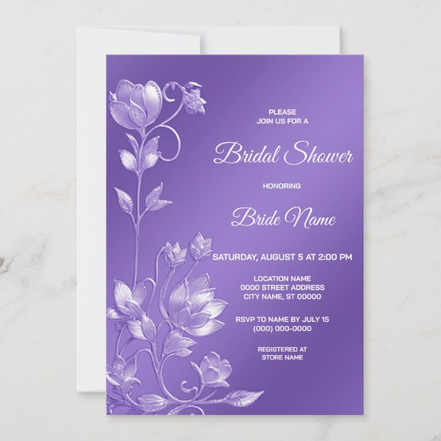 Invitación Elegante ducha de novia con flores moradas (Anverso)