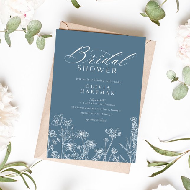 Invitación Elegante ducha de novia con flores silvestres azul (Subido por el creador)