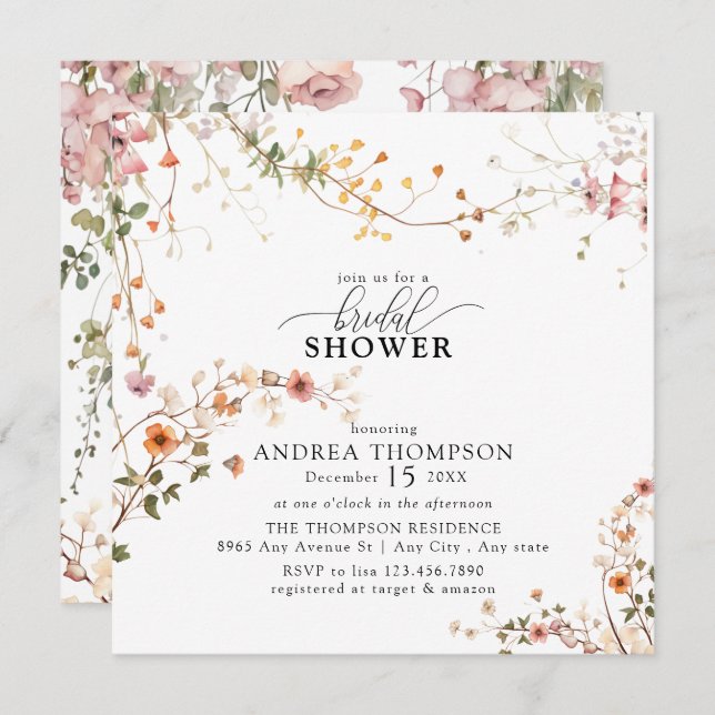Invitación Elegante ducha de novia con flores silvestres de B (Anverso / Reverso)
