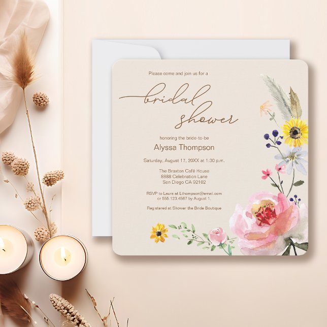 Invitación Elegante ducha de novia con flores silvestres de B (Boho wildflower watercolor bridal shower invitation template.)