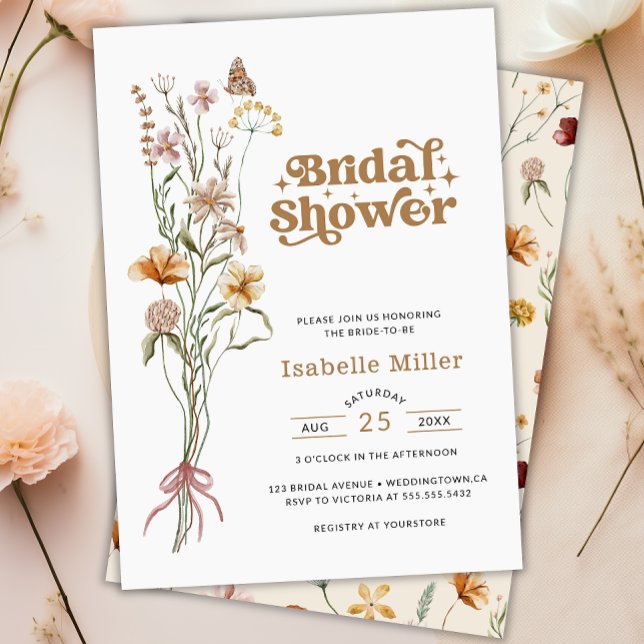 Invitación Elegante ducha de novia con flores silvestres de B (Elegant Boho Wildflower Floral Bridal Shower Invitation)
