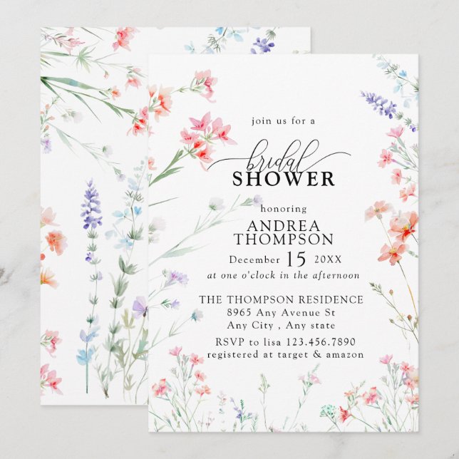 Invitación Elegante ducha de novia con flores silvestres de B (Anverso / Reverso)