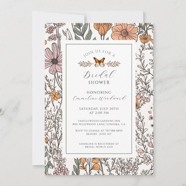 Invitación Elegante ducha de novia con flores silvestres de B (Anverso)