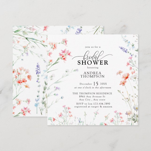 Invitación Elegante ducha de novia con flores silvestres de B (Anverso / Reverso)