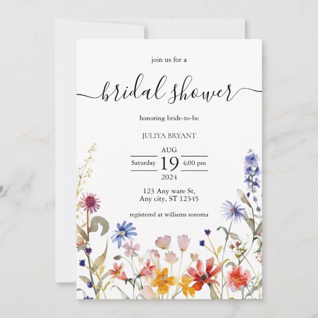 Invitación Elegante ducha de novia con flores silvestres de c (Anverso)