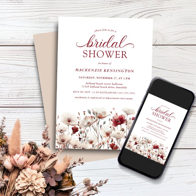 Invitación Elegante ducha de novia con flores silvestres de v (Elegant Boho Summer Fall Wildflower Bridal Shower Invitation)