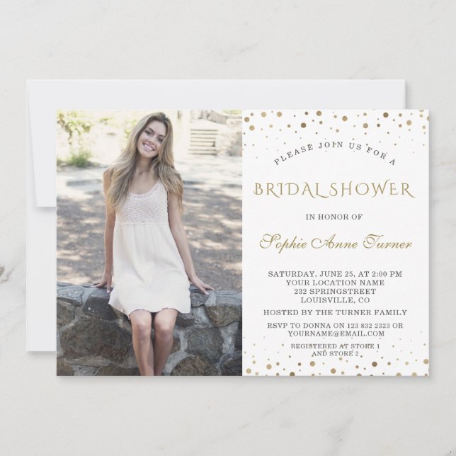 Invitación Elegante ducha de novia con foto de confeti dorado (Anverso)