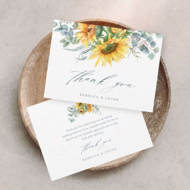Invitación Elegante Ducha de Novia con Girasoles Rústicos (Elegant rustic sunflower eucalyptus wedding bridal shower thank you card.)