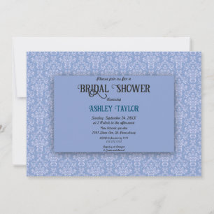 Invitación Elegante ducha de novia con guión de damasco azul