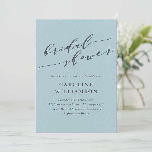 Invitación Elegante ducha de novia con guiones azules y suave (Anverso de pie)