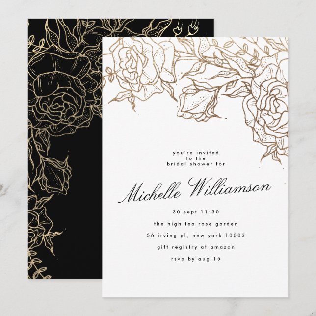Invitación Elegante ducha de novia con guirnaldas de oro blan (Anverso / Reverso)