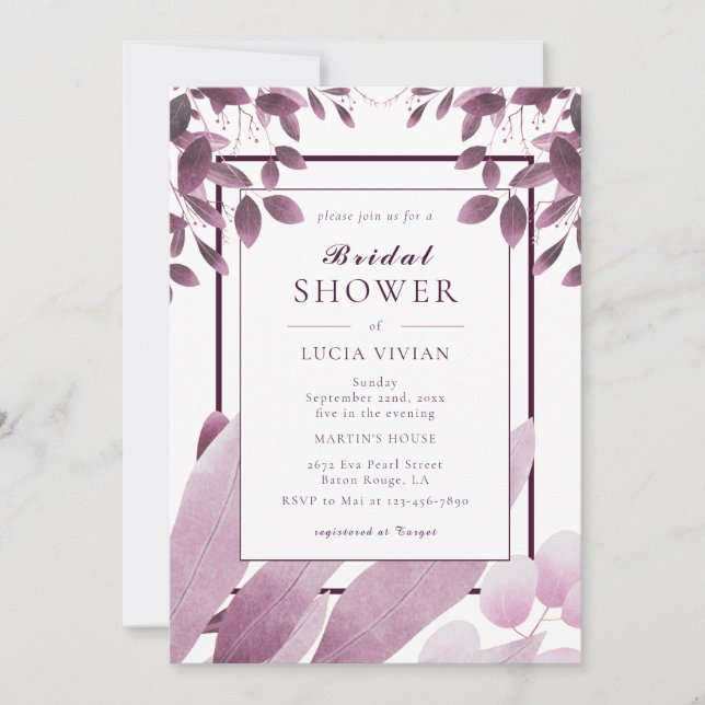 Invitación Elegante ducha de novia con hojas de borgoña (Anverso)