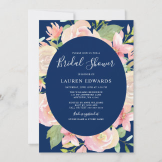 Invitación Elegante ducha de novia con marco floral Rubor azu