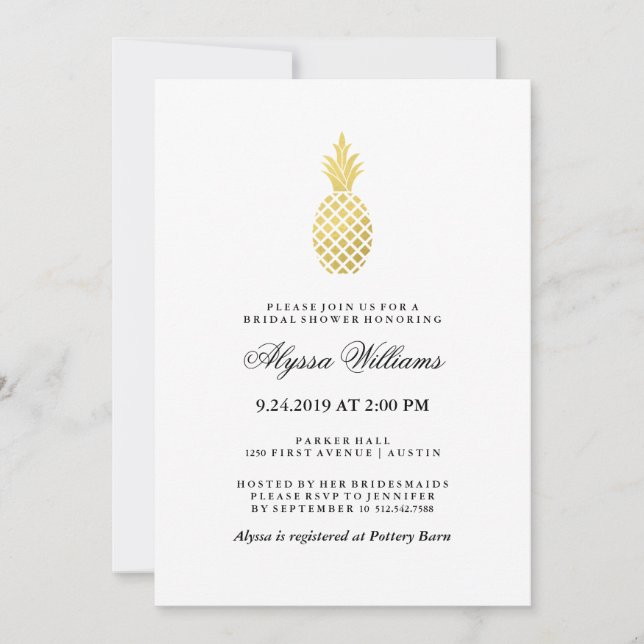 Invitación Elegante ducha de novia con piña dorada (Anverso)