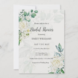 Invitación Elegante ducha de novia con rosas blancas acuarela