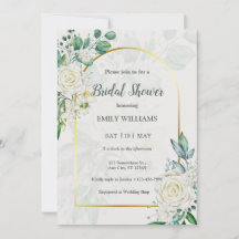 Elegante ducha de novia con rosas blancas acuarela