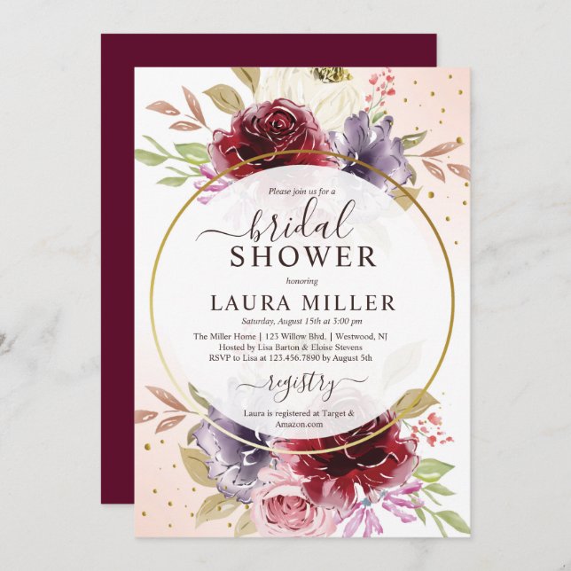 Invitación Elegante ducha de novia con rosas rosa de lila bur (Anverso / Reverso)