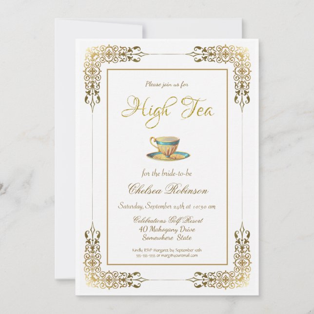 Invitación Elegante ducha de novia con té de encaje dorado al (Anverso)