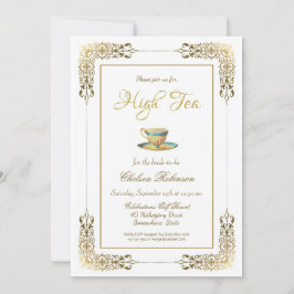 Invitación Elegante ducha de novia con té de encaje dorado al