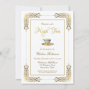 Invitación Elegante ducha de novia con té de encaje dorado al