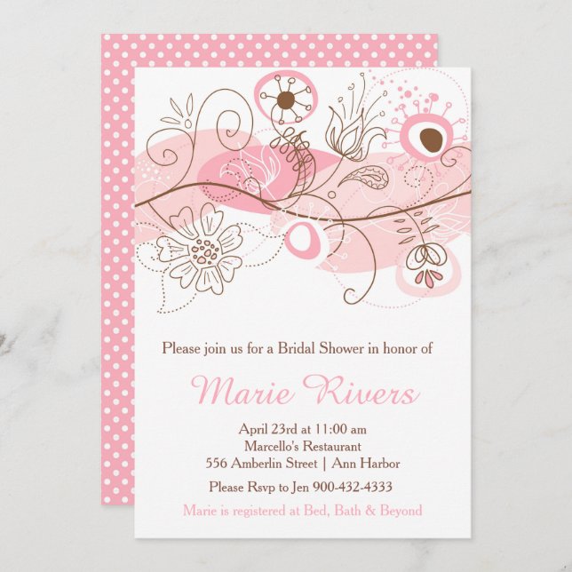 Invitación Elegante ducha de novia con torbellino en rosa (Anverso / Reverso)