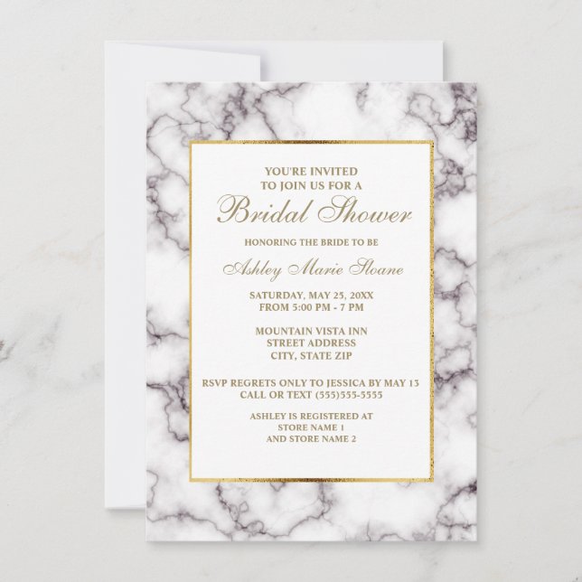 Invitación Elegante ducha de novia con trineo de oro de mármo (Anverso)
