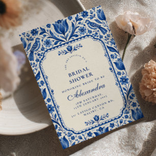 Invitación Elegante ducha de novia de arte popular en azul De