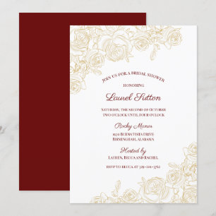 Invitación Elegante ducha de novia de Borgoña y Rosas dorados