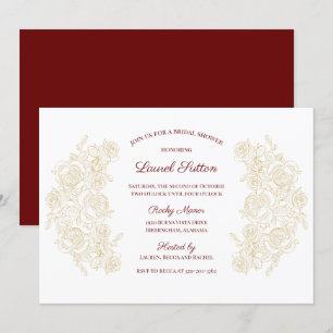 Invitación Elegante ducha de novia de Borgoña y Rosas dorados