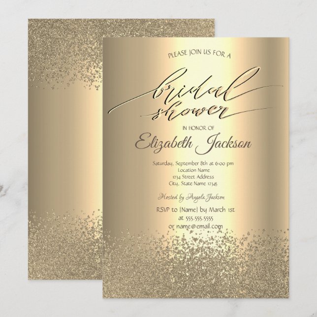 Invitación Elegante ducha de novia de diamantes de oro (Anverso / Reverso)
