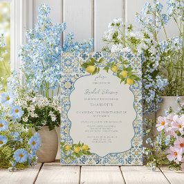 Invitación Elegante ducha de novia de limón con azulejos azul