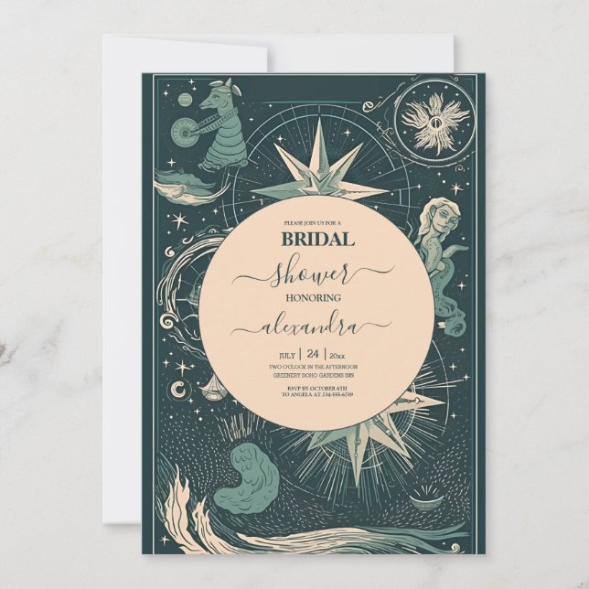 Invitación Elegante ducha de novia de Tarot verde verde plate (Anverso)