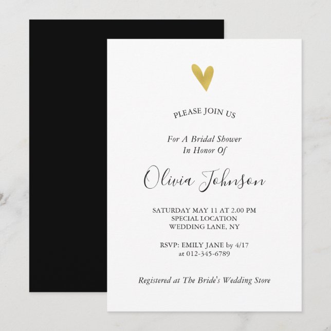 Invitación Elegante ducha de novia del corazón del oro (Anverso / Reverso)
