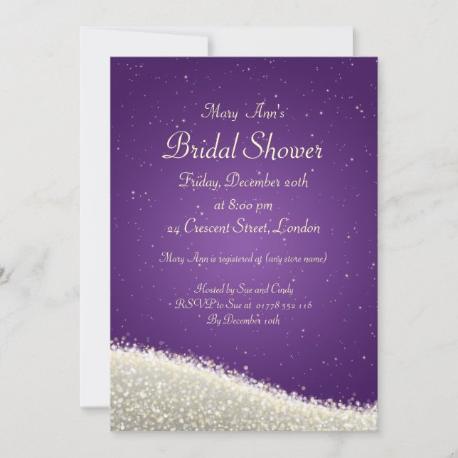 Invitación Elegante ducha de novia deslumbrante esparce morad (Anverso)
