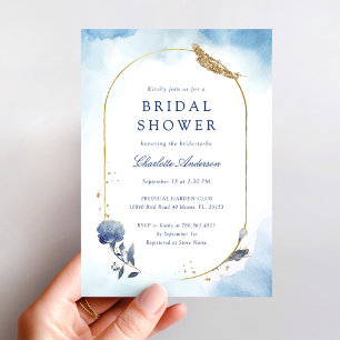Invitación Elegante ducha de novia dorada azul