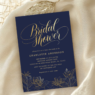 Invitación Elegante ducha de novia dorada azul de la Marina