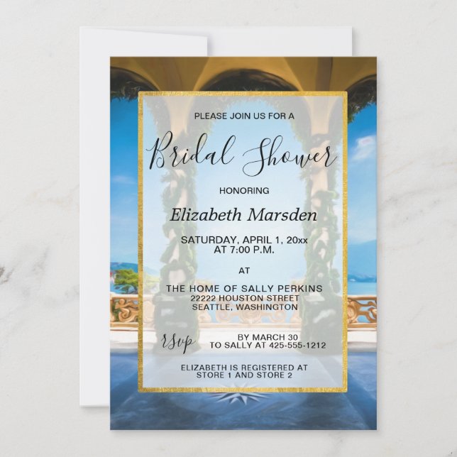 Invitación Elegante ducha de novia dorada azul verde (Anverso)