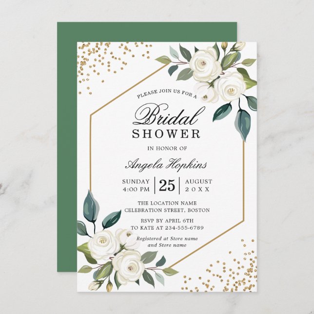 Invitación Elegante ducha de novia dorada blanca dorada (Anverso / Reverso)