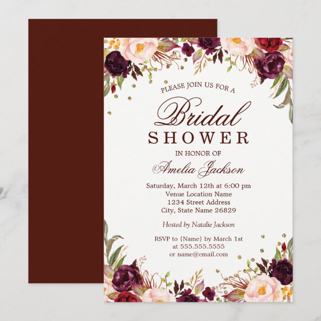 Invitación Elegante ducha de novia dorada borgoñona floral (Anverso / Reverso)