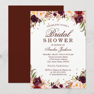 Invitación Elegante ducha de novia dorada borgoñona floral