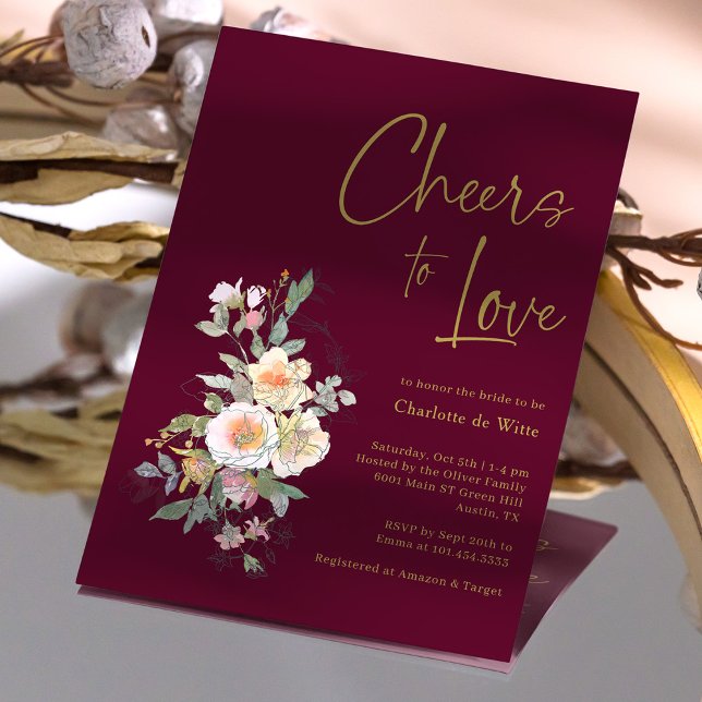 Invitación Elegante ducha de novia dorada borgoñona floral (Elegant Gold Burgundy Floral Bridal Shower Invitation)