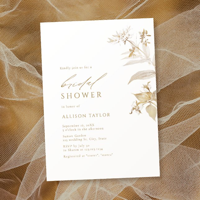 Invitación Elegante ducha de novia dorada botánica floral mod (Elegant Modern Gold Botanical Floral Bridal Shower Invitation)