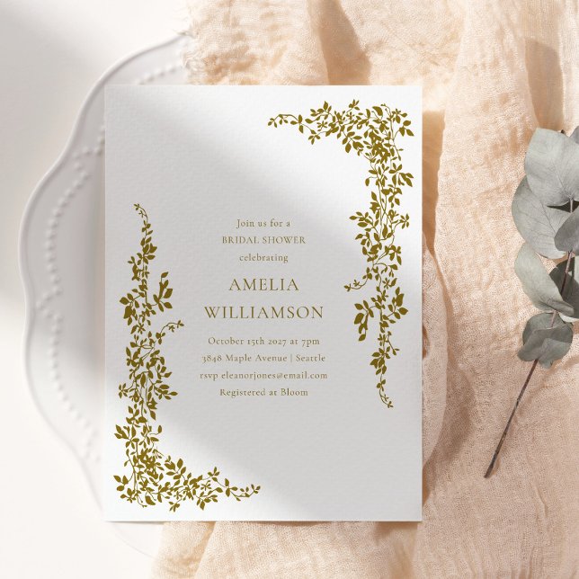 Invitación Elegante ducha de novia dorada con borde botánico (Subido por el creador)