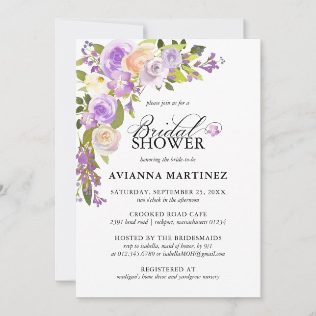 Invitación Elegante ducha de novia dorada con flores púrpura (Anverso)