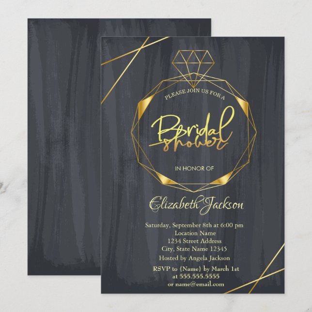 Invitación Elegante ducha de novia dorada de diamantes negros (Anverso / Reverso)
