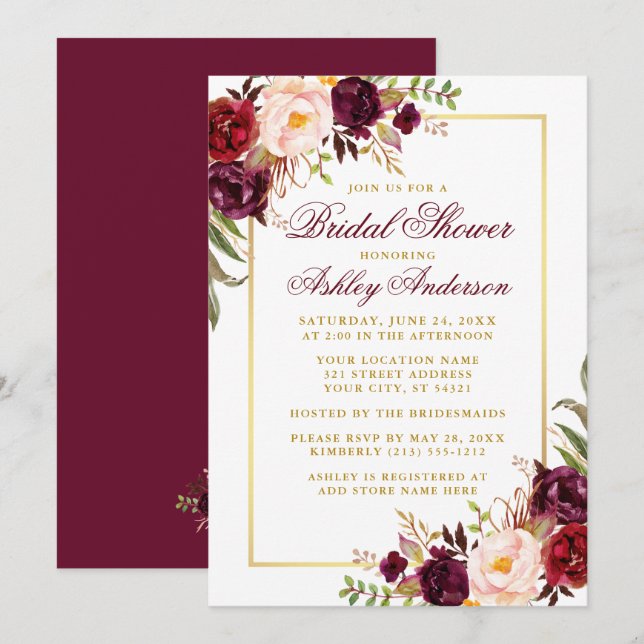 Invitación Elegante ducha de novia dorada floral de Borgoña (Anverso / Reverso)