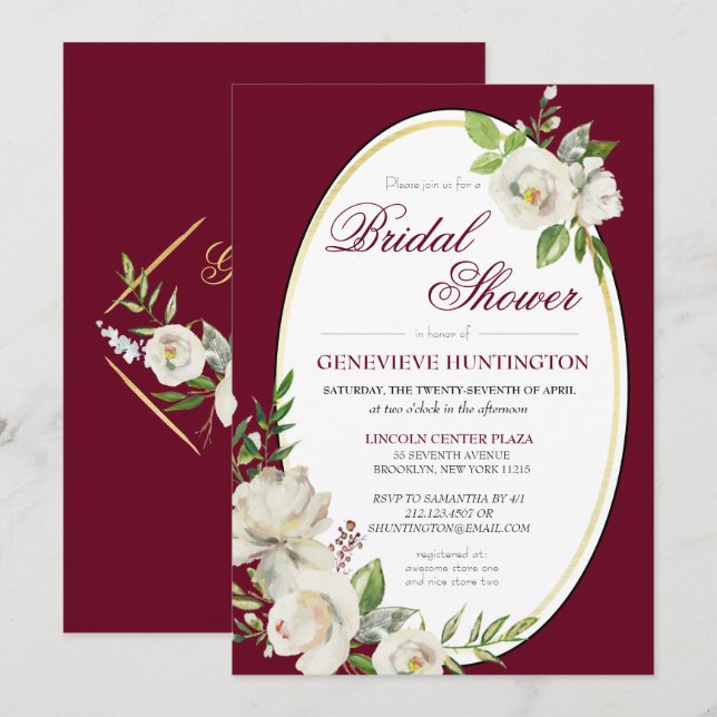 Invitación Elegante ducha de novia dorada floral de Borgoña (Anverso / Reverso)