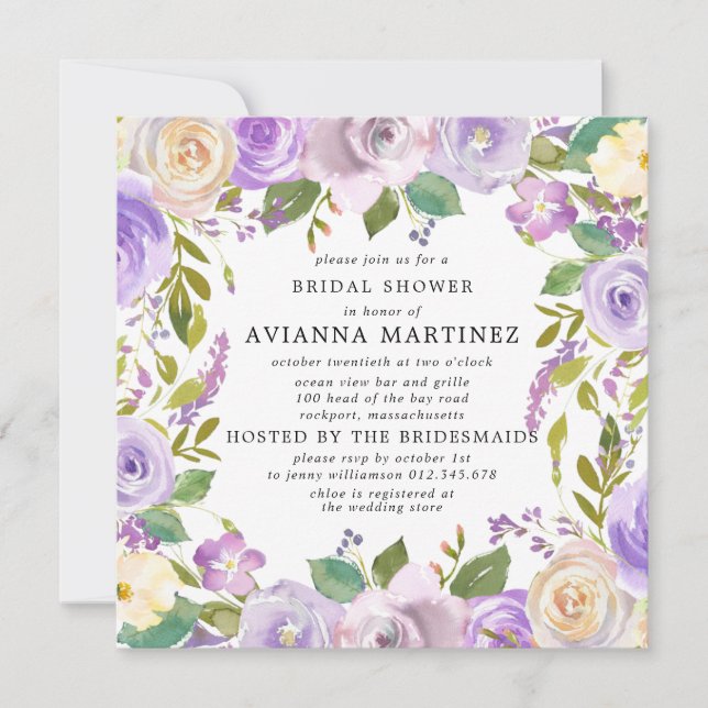 Invitación Elegante ducha de novia dorada morada con flores b (Anverso)
