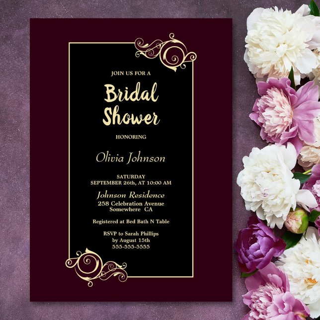 Invitación Elegante ducha de novia dorada negra de Borgoña (Subido por el creador)